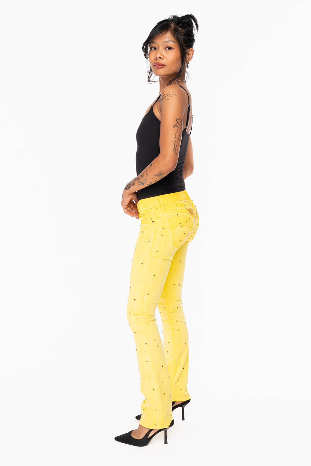MARILYN LOW RISE WOMENS STRAIGHT LEG JEANS IN OIL YELLOW WITH GOLD WINGS EMBELLISHED WITH CRYSTALS & STUDS