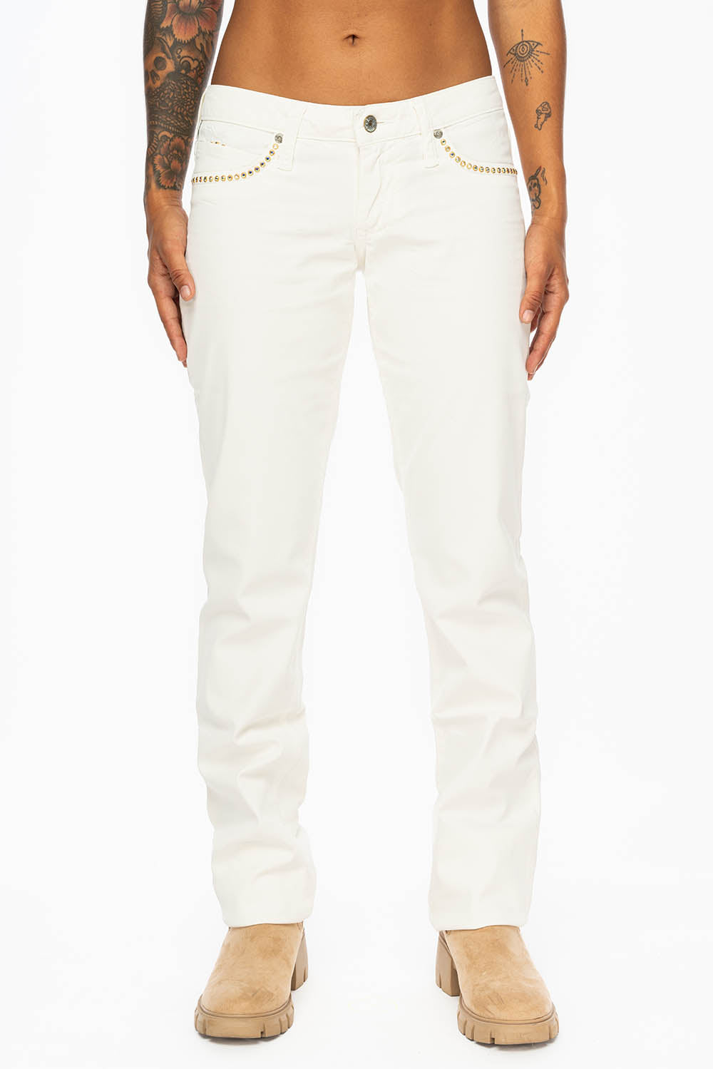 MARILYN LOW RISE WOMENS STRAIGHT LEG JEANS IN WHITE COATED WAX WITH AB CRYSTALS