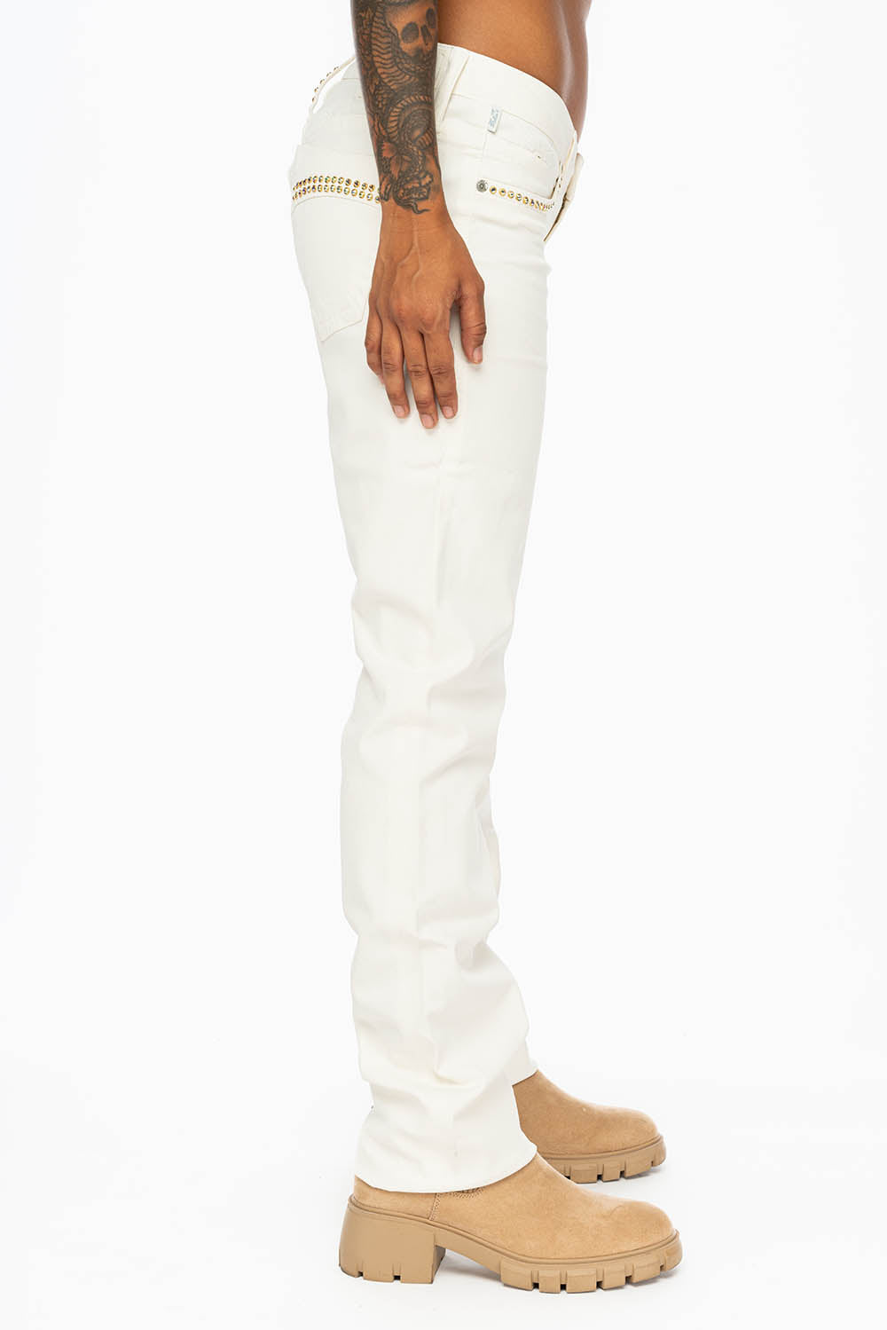 MARILYN LOW RISE WOMENS STRAIGHT LEG JEANS IN WHITE COATED WAX WITH AB CRYSTALS