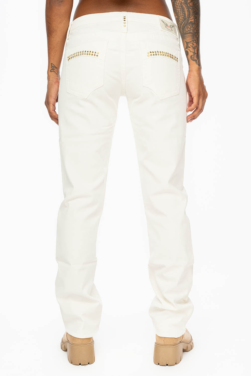 MARILYN LOW RISE WOMENS STRAIGHT LEG JEANS IN WHITE COATED WAX WITH AB CRYSTALS