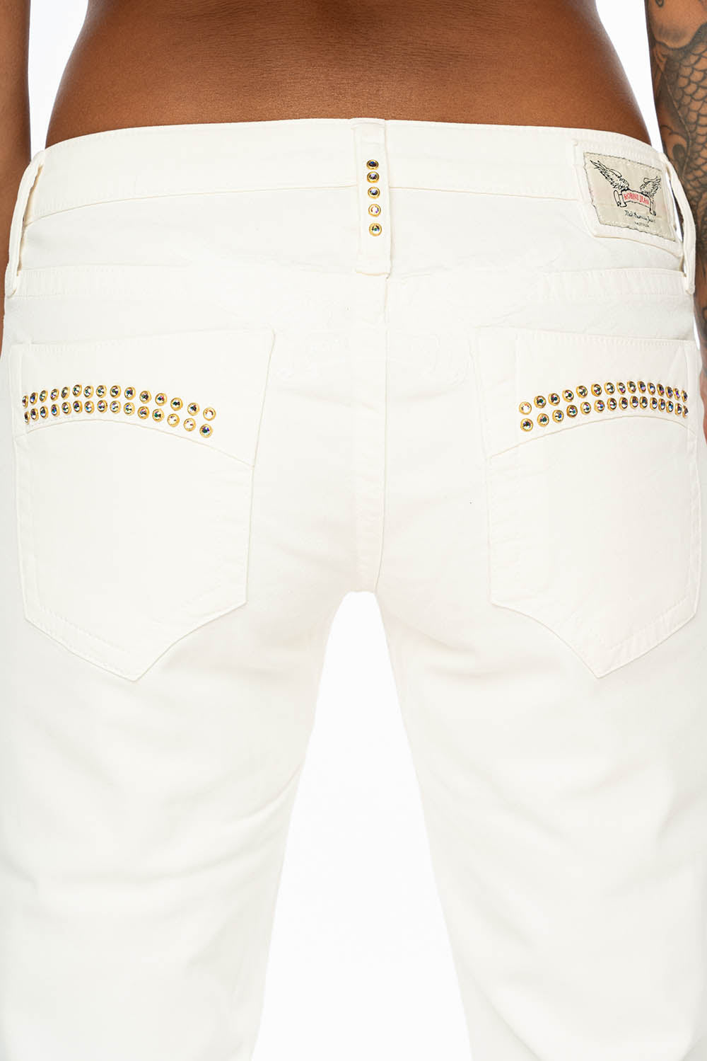 MARILYN LOW RISE WOMENS STRAIGHT LEG JEANS IN WHITE COATED WAX WITH AB CRYSTALS