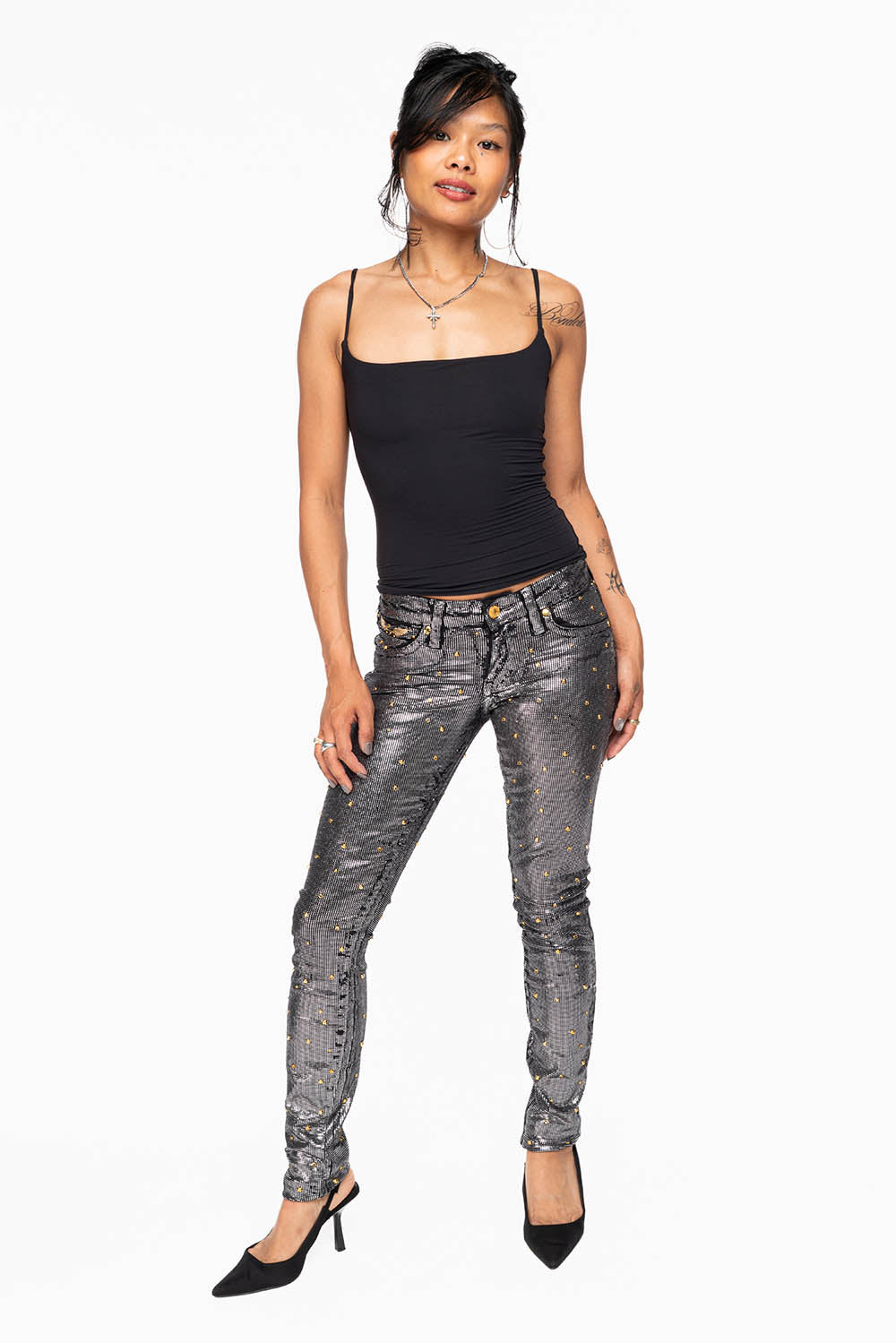 MARILYN WOMENS SKINNY JEANS IN DISCO BLK COATING WITH GOLD WINGS EMBELLISHED WITH CRYSTALS & STUDS