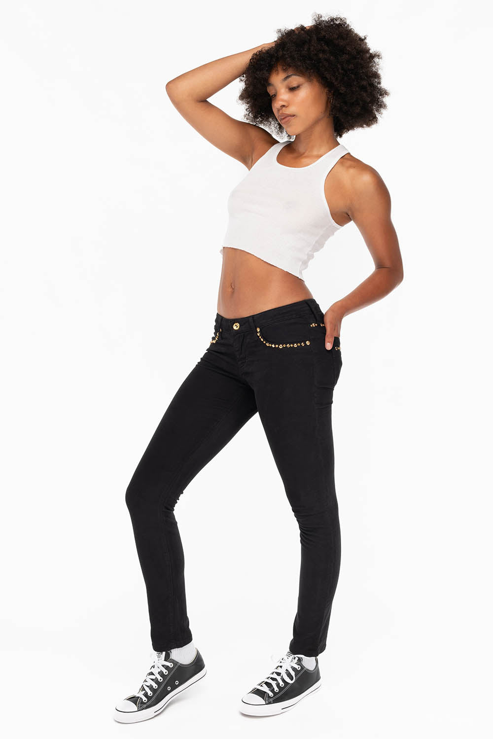 MARILYN WOMENS STUDDED SKINNY JEANS IN BLACK GOLD LOGO AND CRYSTALS