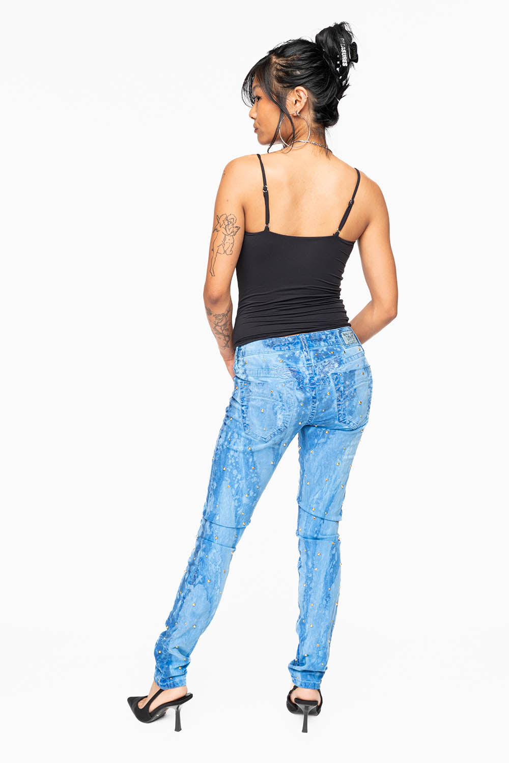 MARILYN WOMENS SKINNY JEANS IN GALAXY BLUE WITH TONAL WINGS EMBELLISHED WITH CRYSTALS & STUDS