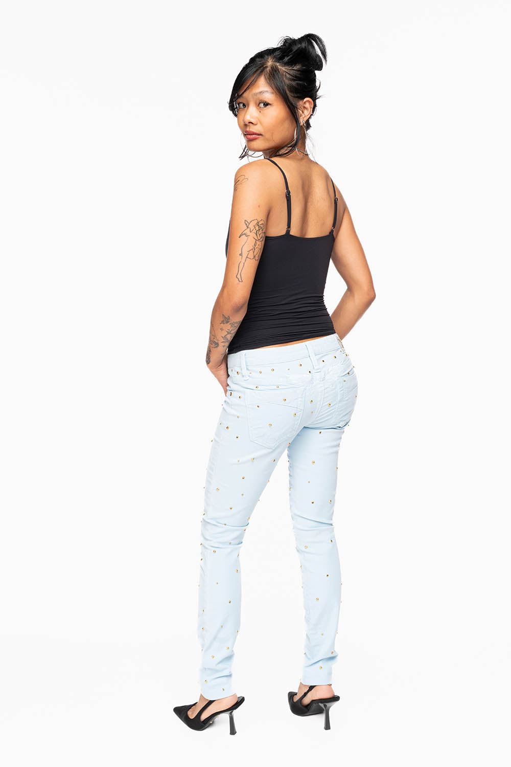 MARILYN WOMENS SKINNY JEANS IN PASTEL BLUE WITH TONAL WINGS EMBELLISHED WITH CRYSTALS & STUDS