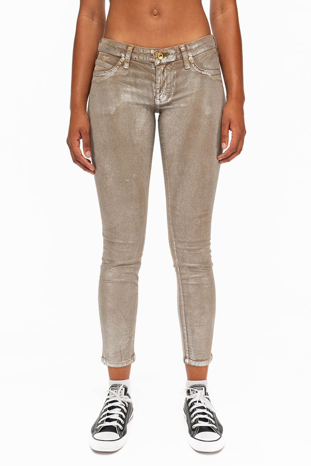 MARILYN WOMENS SKINNY JEANS IN KHAKI SILVER FOIL WASH WITH TONAL WINGS