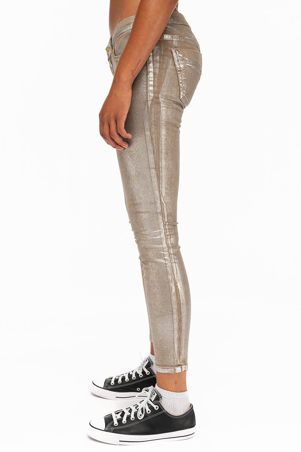 MARILYN WOMENS SKINNY JEANS IN KHAKI SILVER FOIL WASH WITH TONAL WINGS