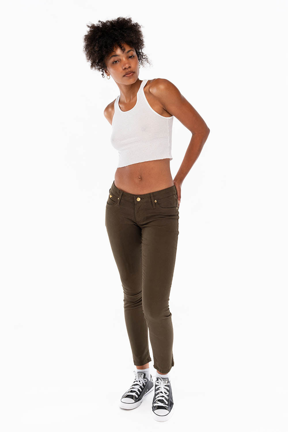 WOMENS SKINNY JEANS IN DARK GREEN WITH GOLD EMBROIDERY AND LOGO