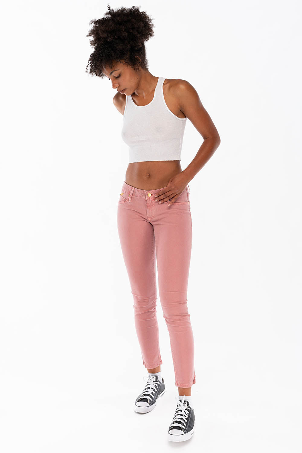 WOMENS SKINNY JEANS IN STRAWBERRY WITH GOLD EMBROIDERY AND LOGO