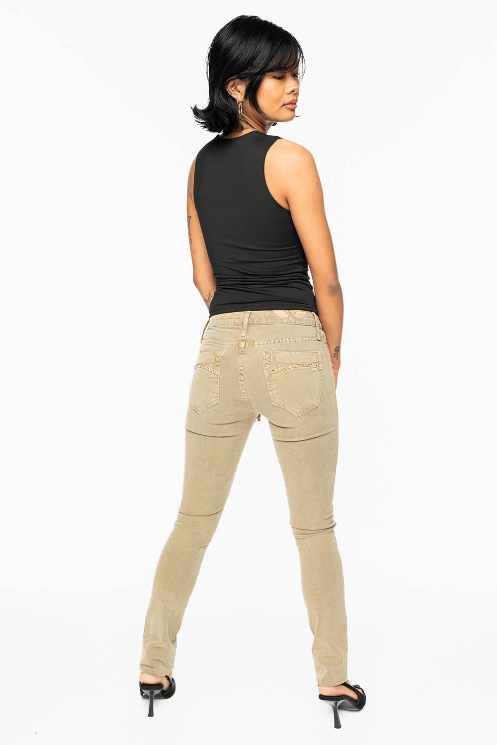 JANE MID RISE WOMENS SKINNY JEANS IN KHAKI WASH WITH AURUM CRYSTALS