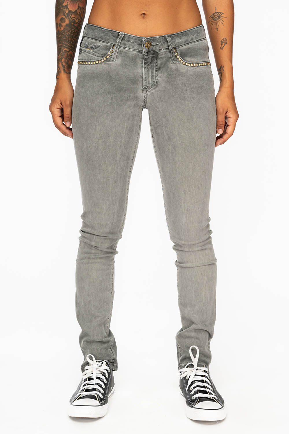 MID RISE WOMENS SKINNY JEANS IN OIL CHARCOAL WASH WITH CRYSTALS