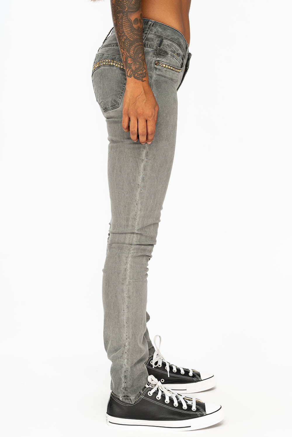 MID RISE WOMENS SKINNY JEANS IN OIL CHARCOAL WASH WITH CRYSTALS