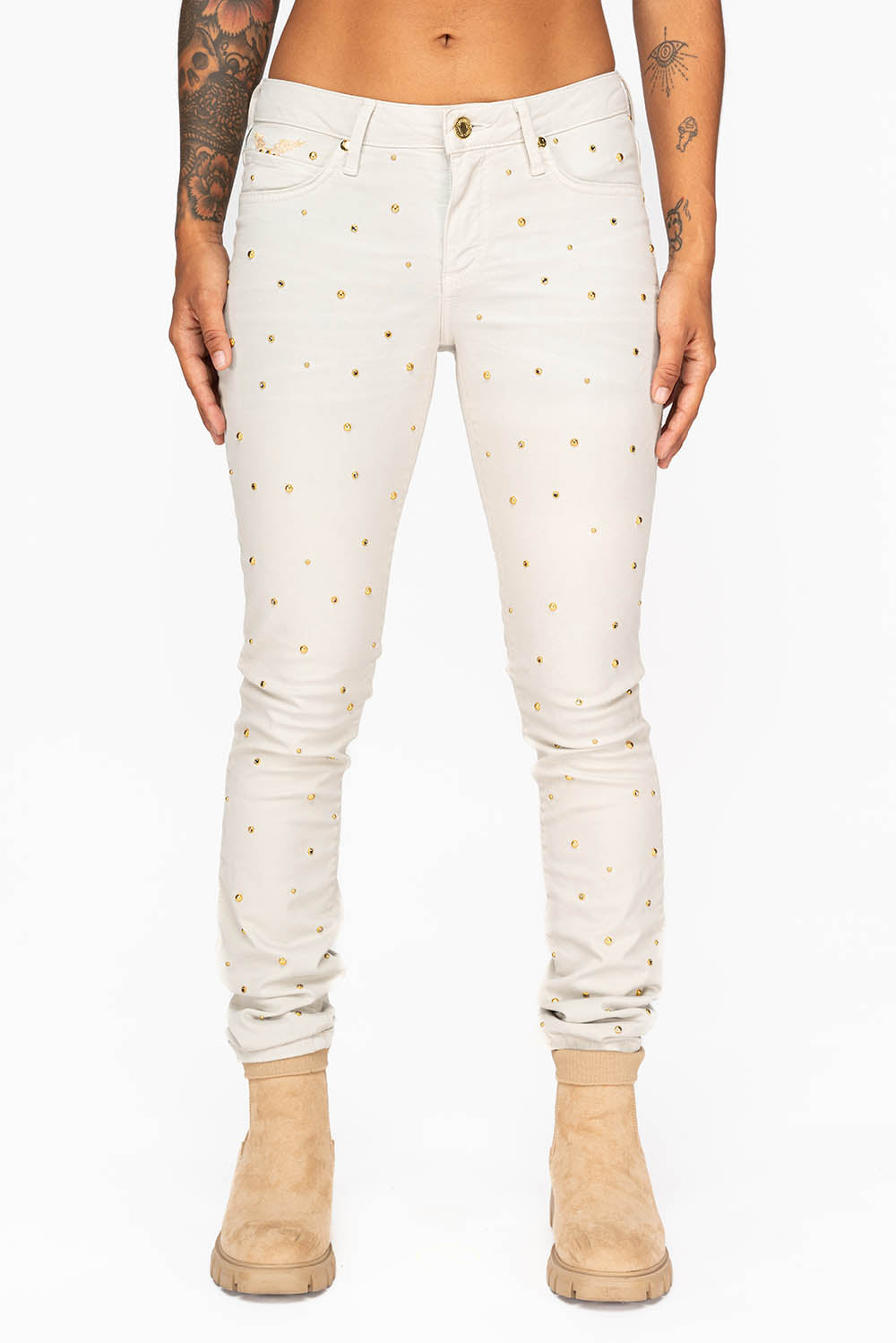 MID RISE WOMENS SKINNY JEANS IN BAKER STONE WASH WITH CRYSTALS