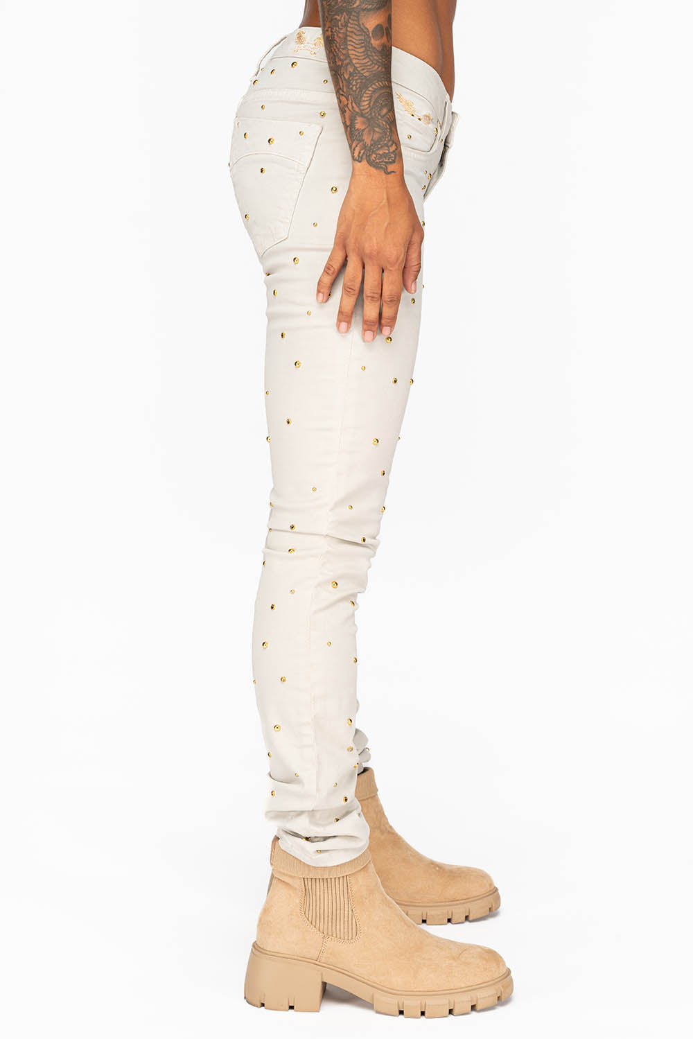 MID RISE WOMENS SKINNY JEANS IN BAKER STONE WASH WITH CRYSTALS
