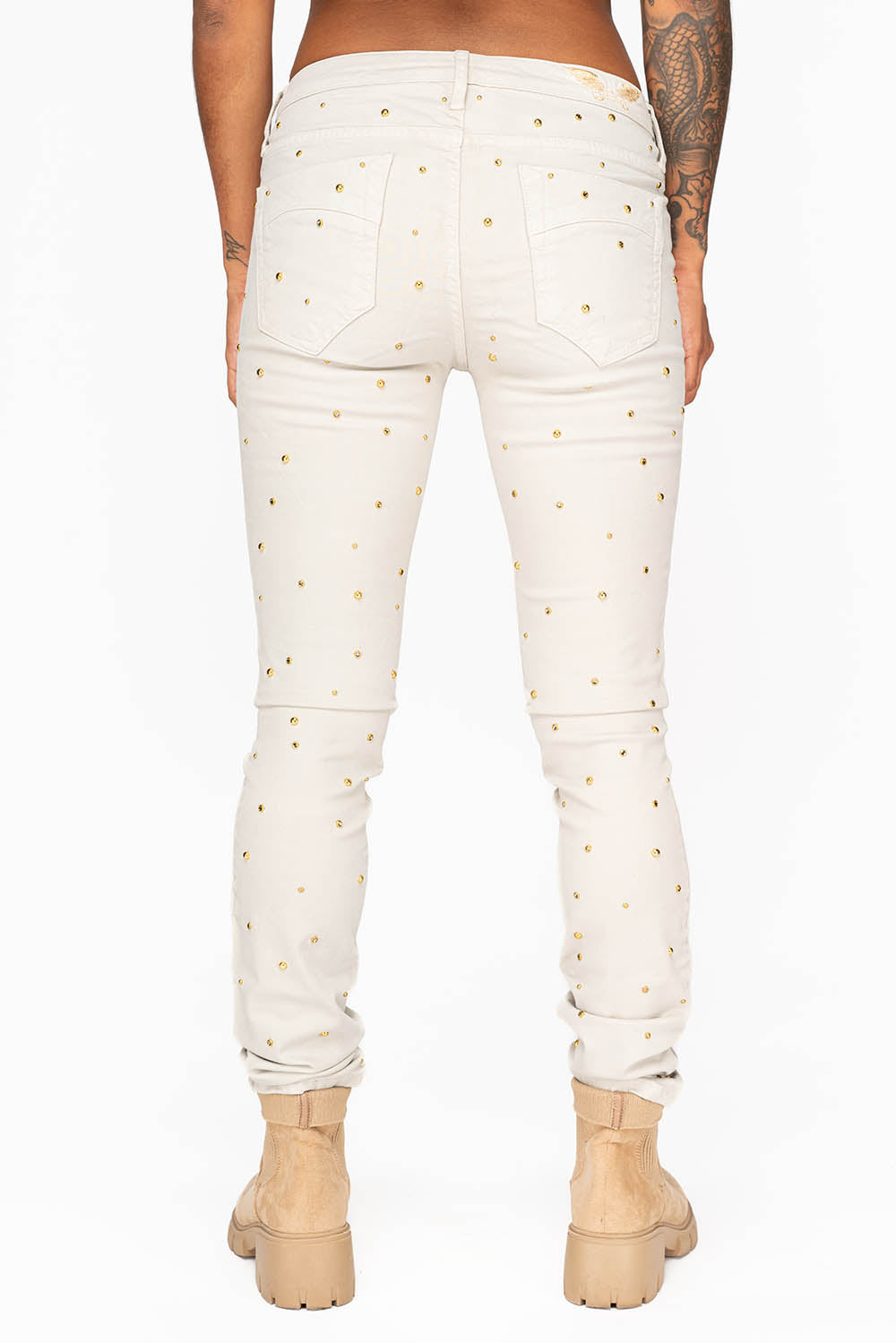 MID RISE WOMENS SKINNY JEANS IN BAKER STONE WASH WITH CRYSTALS