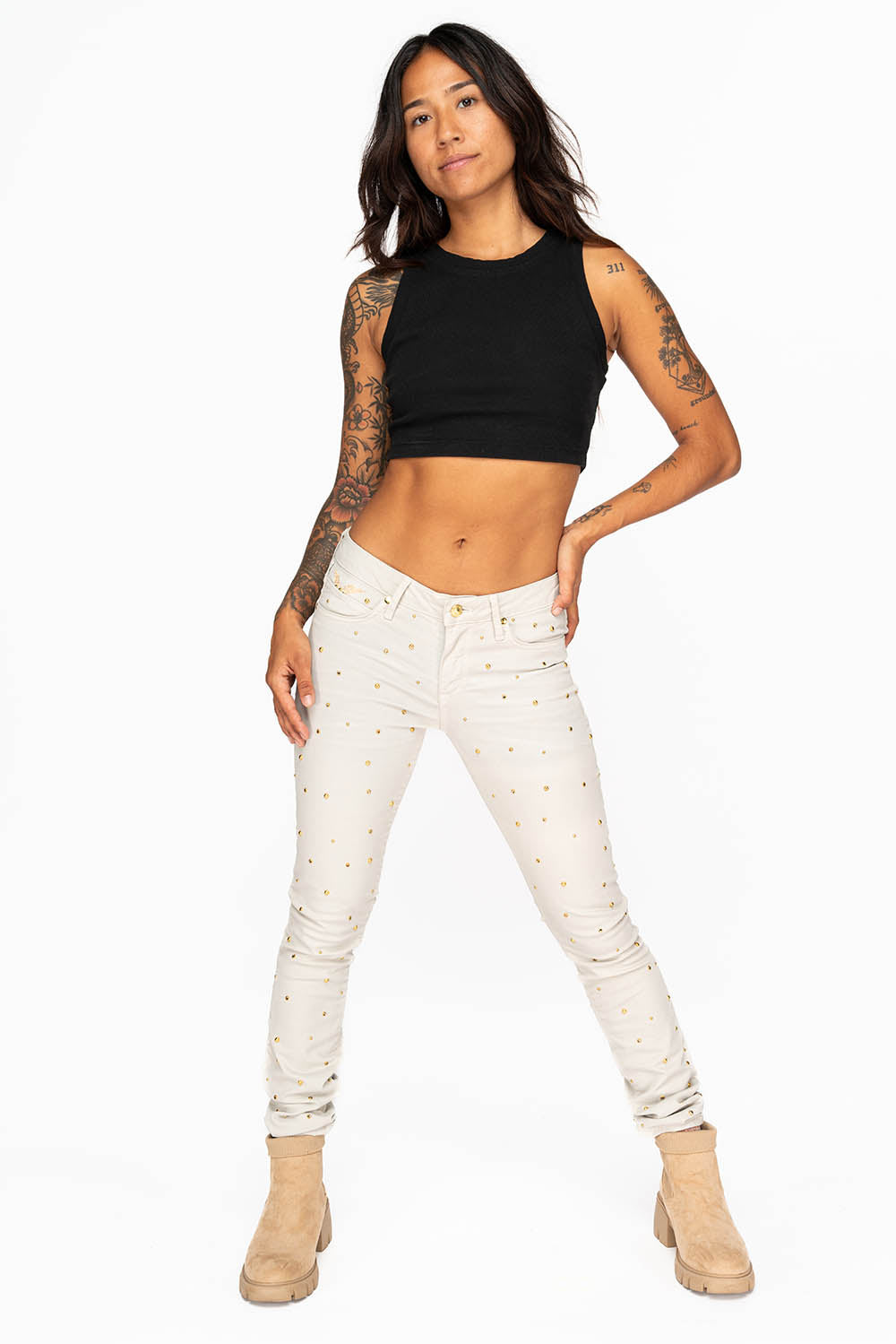 MID RISE WOMENS SKINNY JEANS IN BAKER STONE WASH WITH CRYSTALS