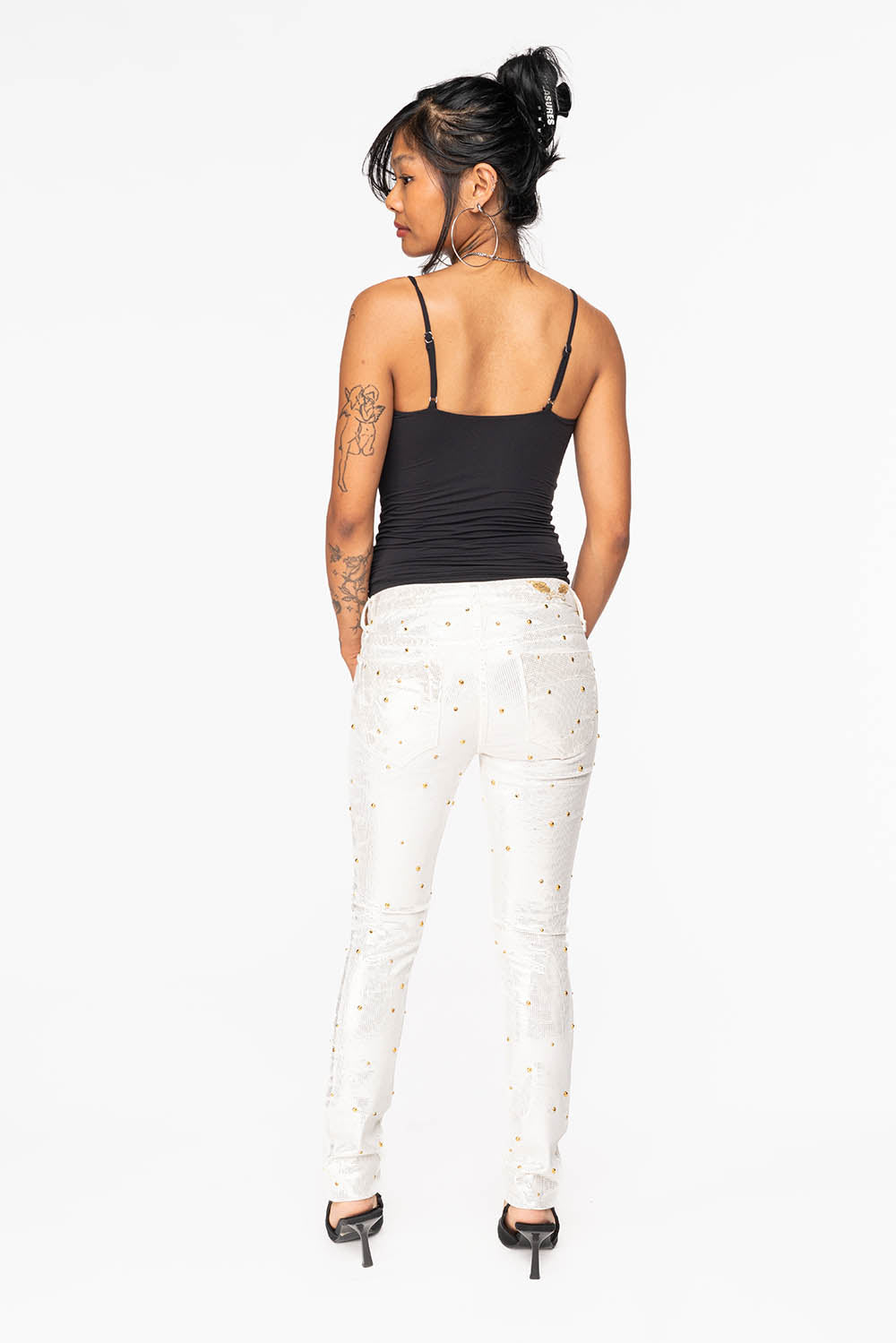JANE MID RISE WOMENS SKINNY JEANS IN DISCO WHITE COATING WITH GOLD STUDS & CRYSTALS ALL OVER