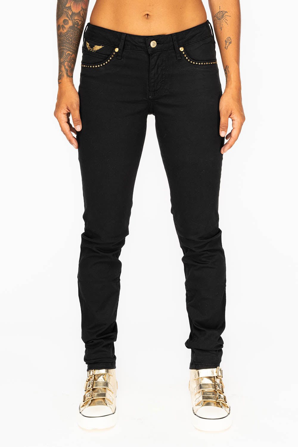 JANE MID RISE WOMENS SKINNY JEANS IN BLACK COATING WITH GOLD WINGS AND SMOKEY TOPAZ CRYSTALS