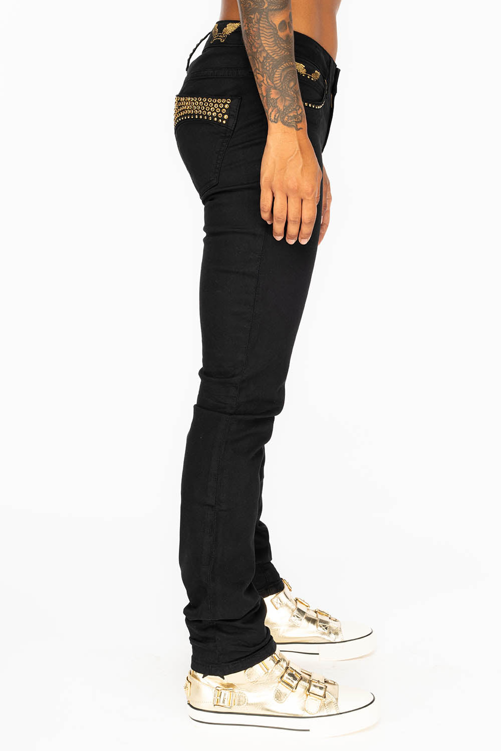JANE MID RISE WOMENS SKINNY JEANS IN BLACK COATING WITH GOLD WINGS AND SMOKEY TOPAZ CRYSTALS