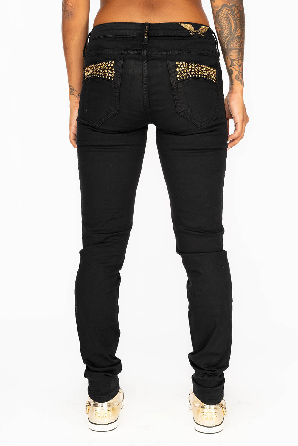 JANE MID RISE WOMENS SKINNY JEANS IN BLACK COATING WITH GOLD WINGS AND SMOKEY TOPAZ CRYSTALS