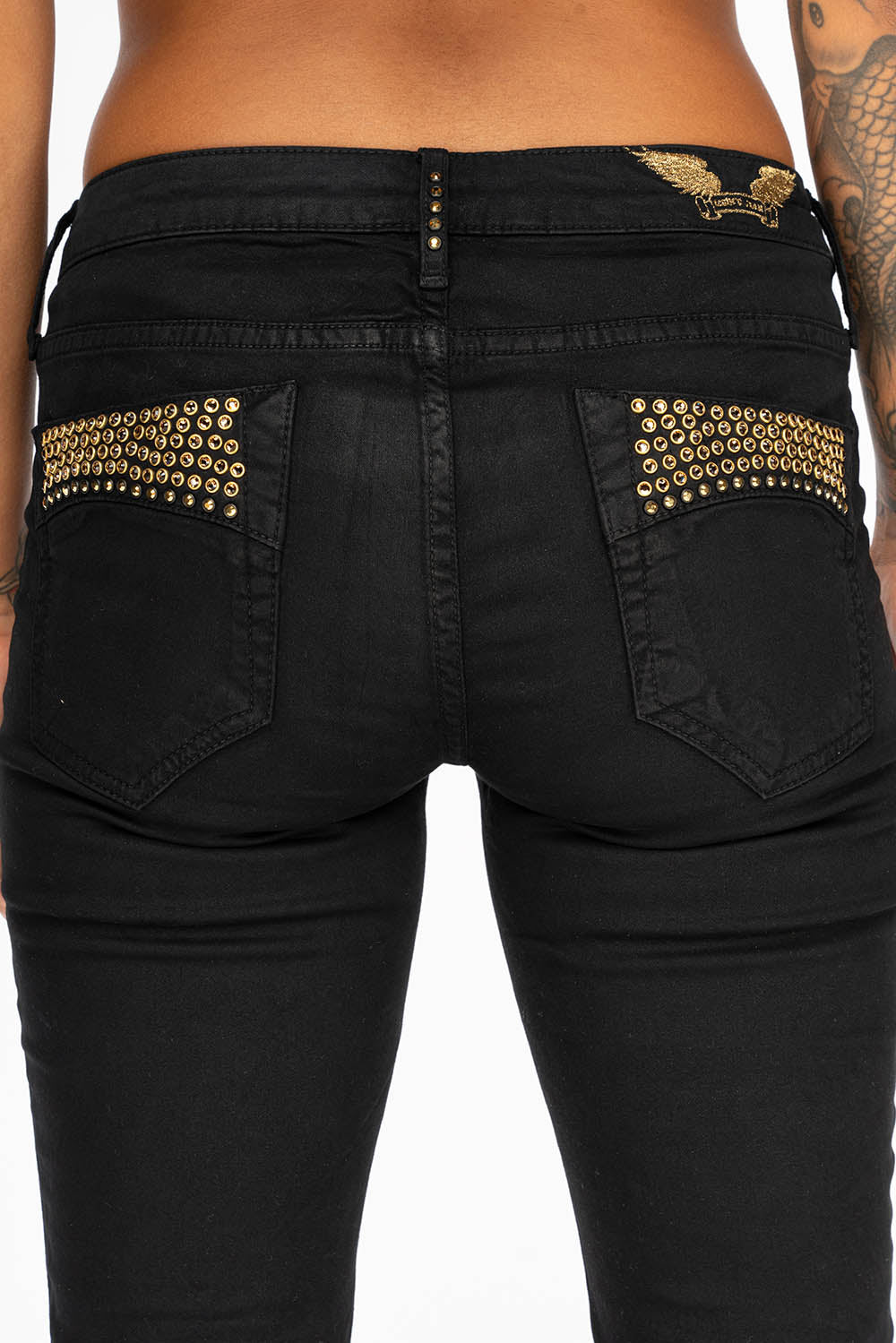 JANE MID RISE WOMENS SKINNY JEANS IN BLACK COATING WITH GOLD WINGS AND SMOKEY TOPAZ CRYSTALS