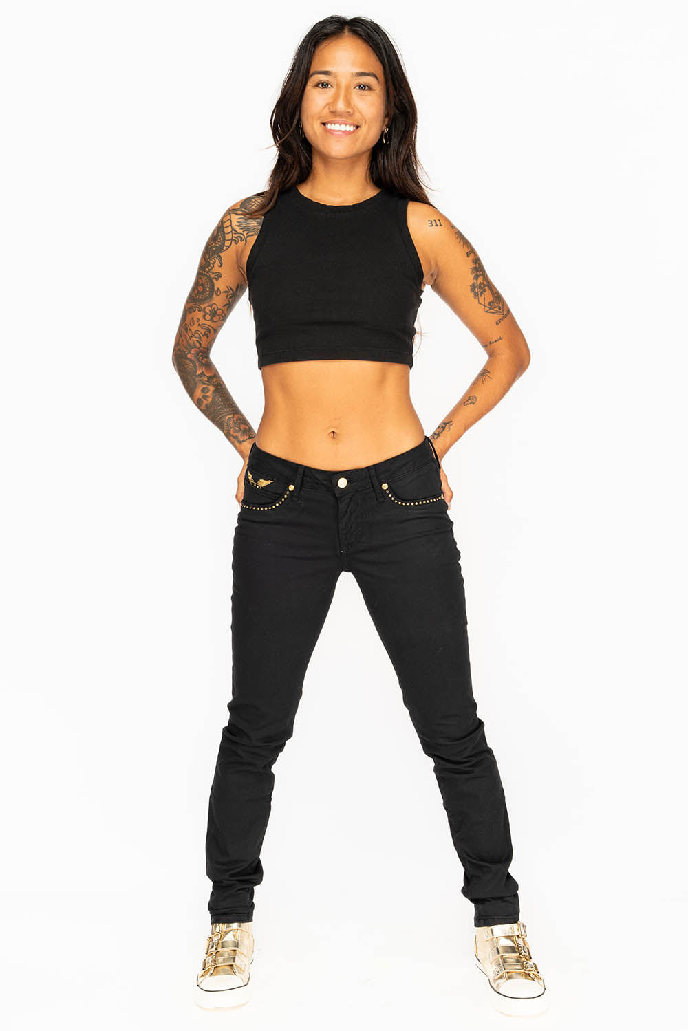 JANE MID RISE WOMENS SKINNY JEANS IN BLACK COATING WITH GOLD WINGS AND SMOKEY TOPAZ CRYSTALS