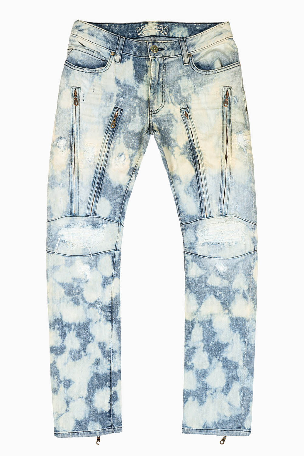 MENS MOTORCYCLE INSPIRED ZIPPERS SLIM JEANS IN MARCEL INDIGO BROKEN WASH DESCRIPTION