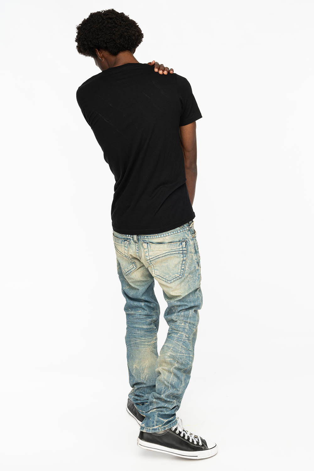 MENS MOTORCYCLE ZIPPERS SLIM JEANS IN LIGHT BLUE WASH