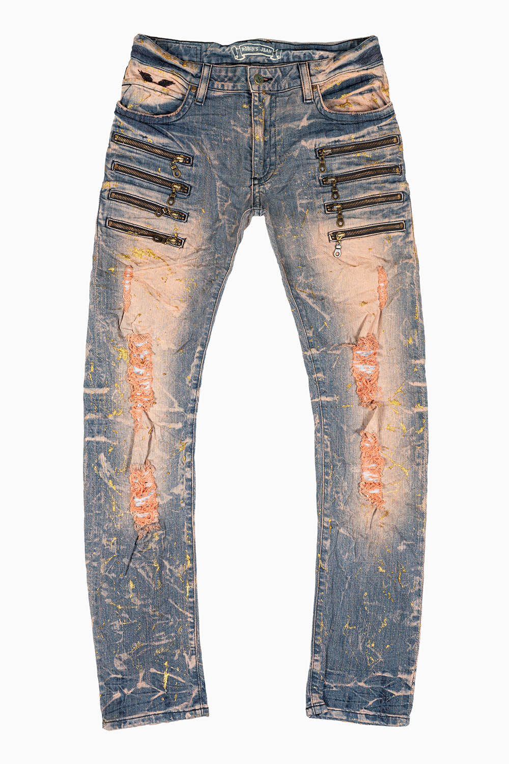 MENS MOTORCYCLE ZIPPERS SLIM JEANS IN MINERAL CHARCOAL WASH WITH GOLD LEAF TREATMENT