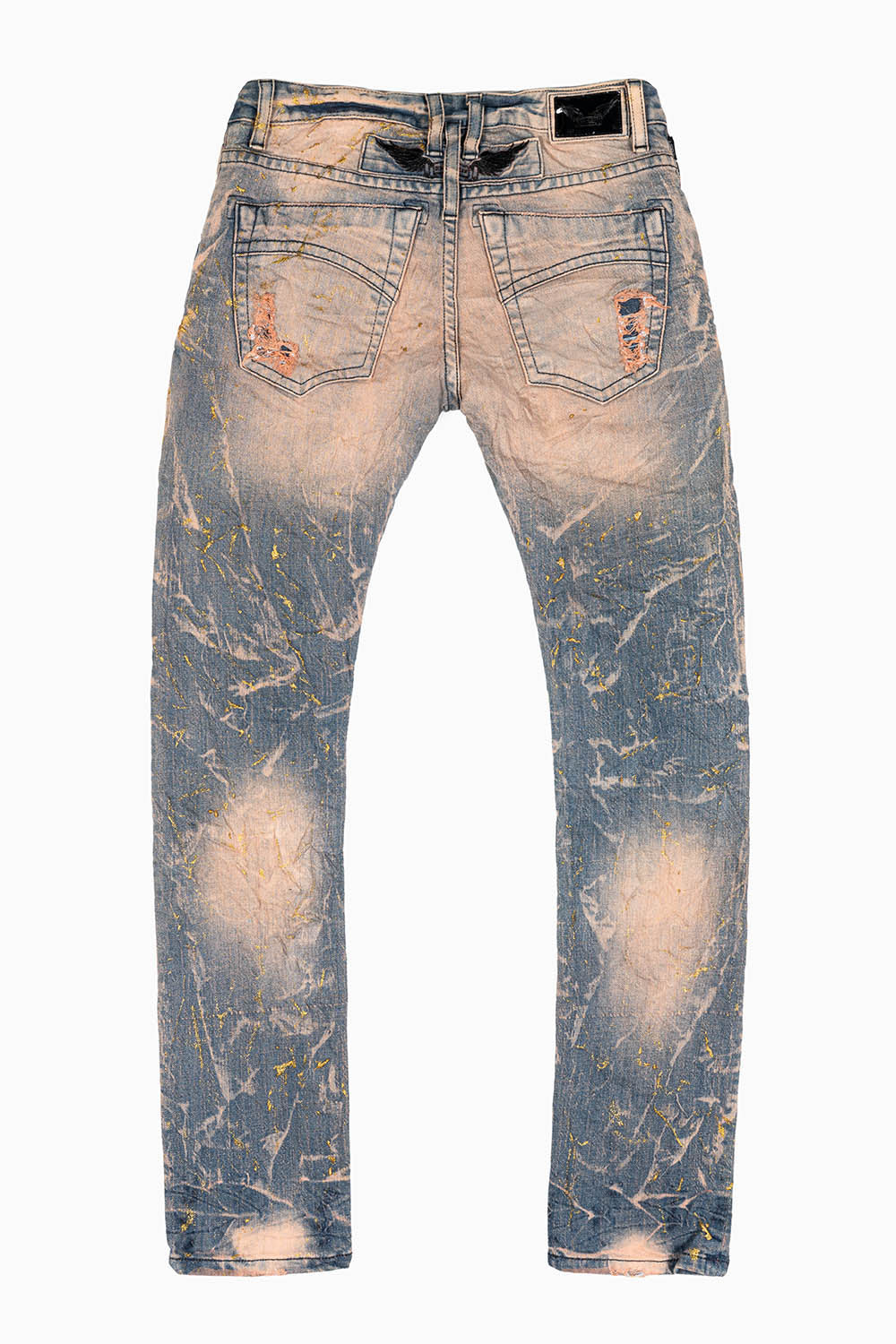 MENS MOTORCYCLE ZIPPERS SLIM JEANS IN MINERAL CHARCOAL WASH WITH GOLD LEAF TREATMENT