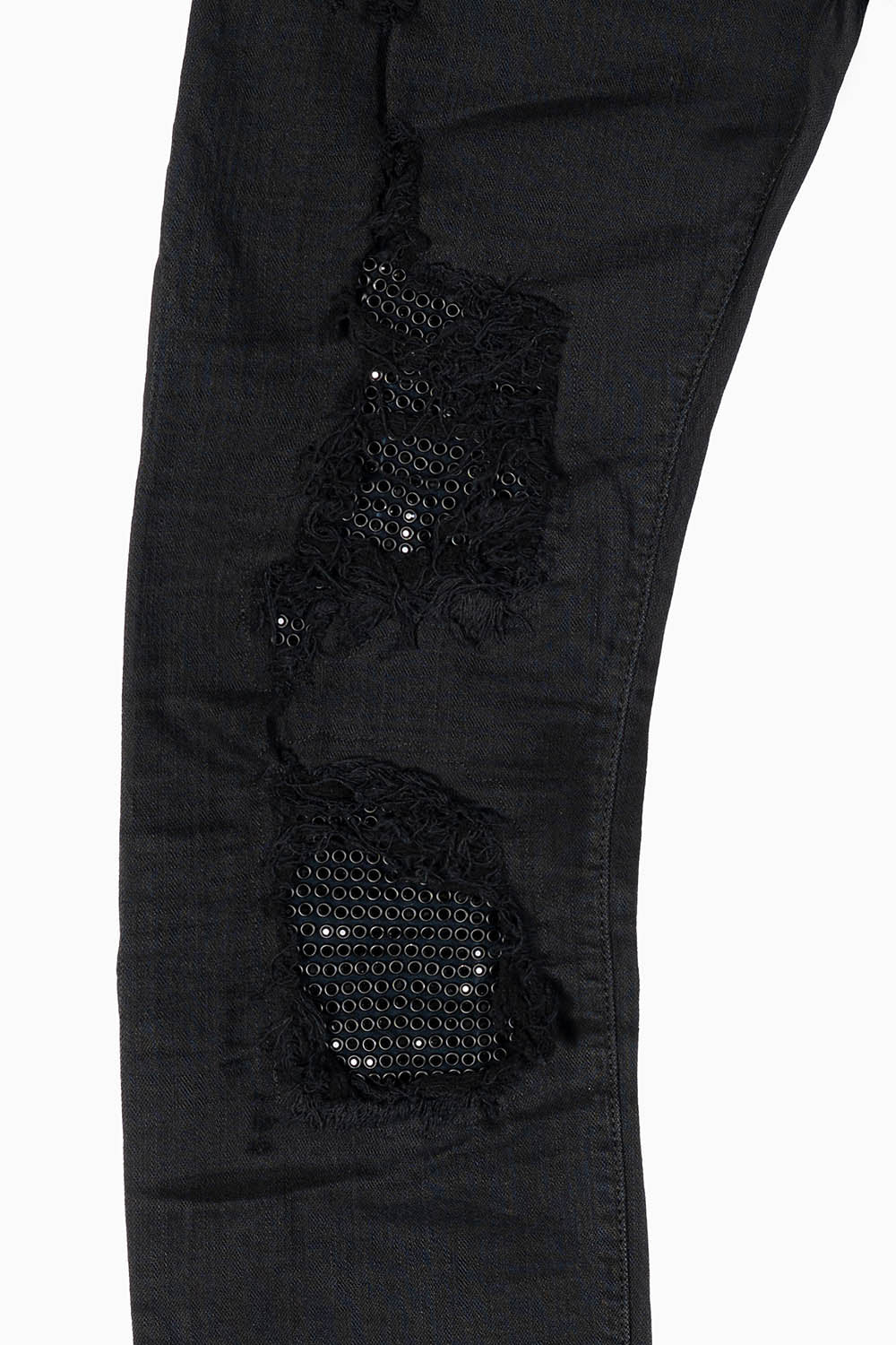 MENS SLIM FIT JEANS IN PURE BLACK EMBELLISHED WITH JET BLK CRYSTALS ON BACK POCKET AND FRONT LEGS