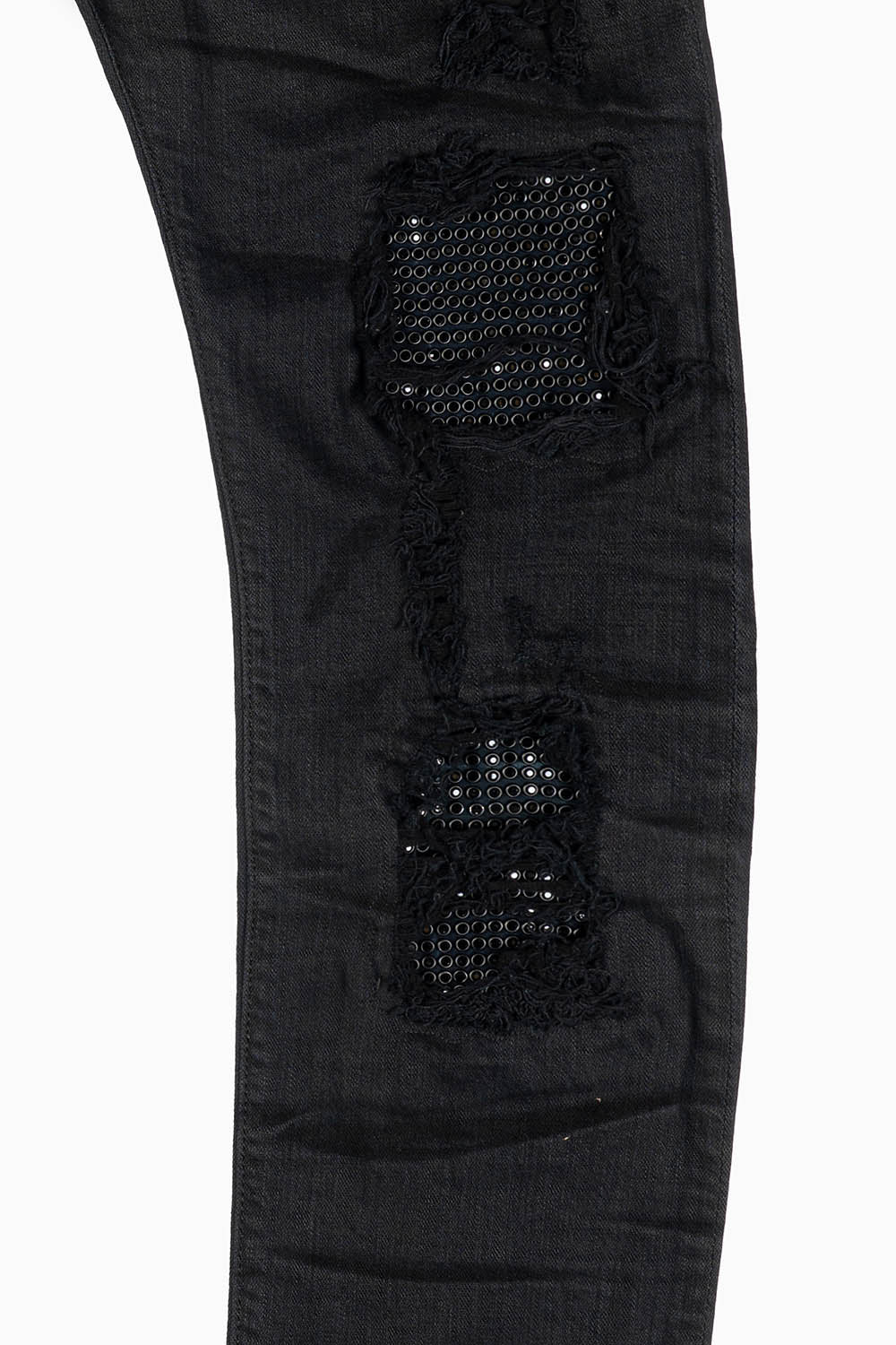 MENS SLIM FIT JEANS IN PURE BLACK EMBELLISHED WITH JET BLK CRYSTALS ON BACK POCKET AND FRONT LEGS