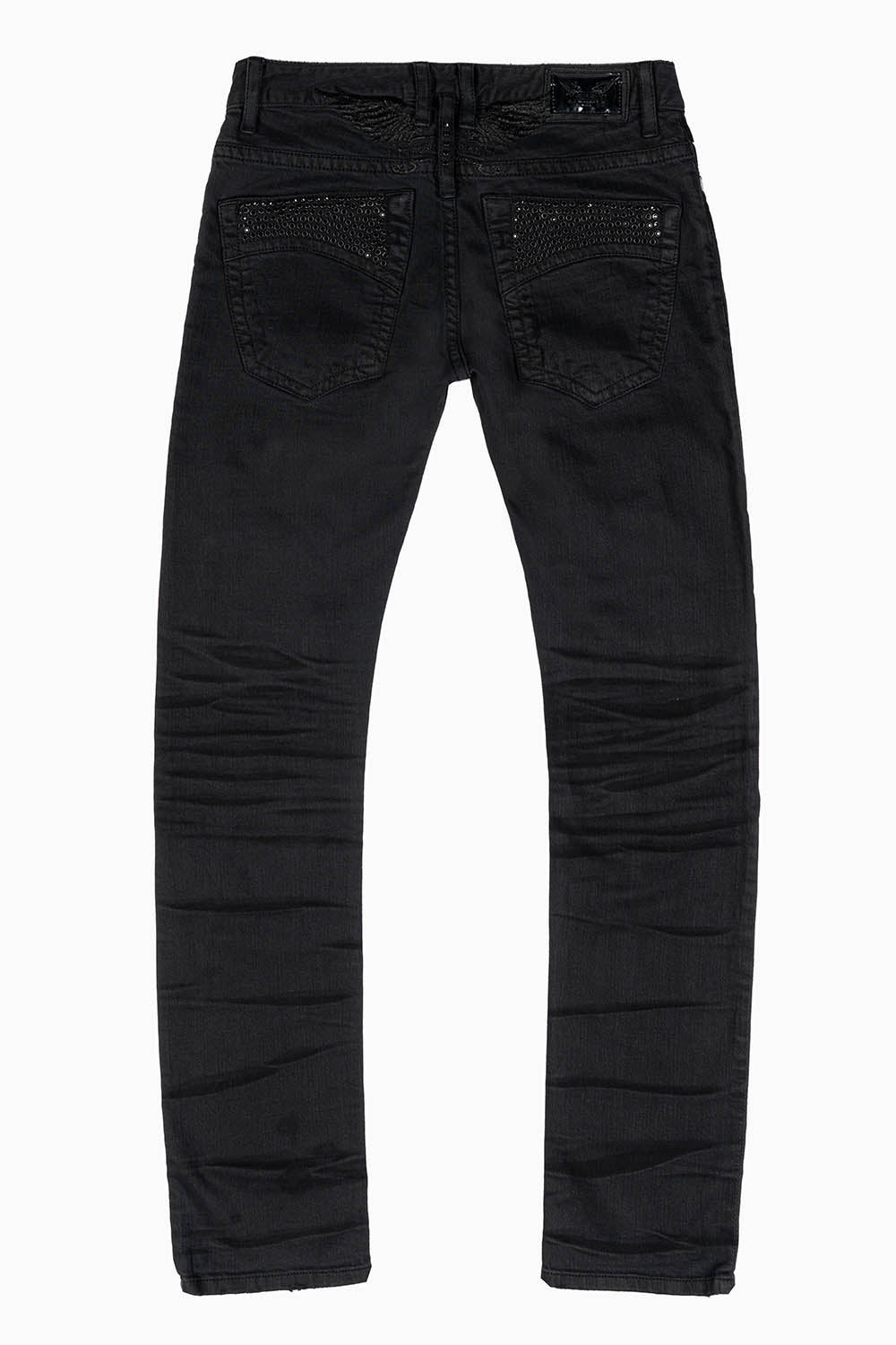 MENS SLIM FIT JEANS IN PURE BLACK EMBELLISHED WITH JET BLK CRYSTALS ON BACK POCKET AND FRONT LEGS