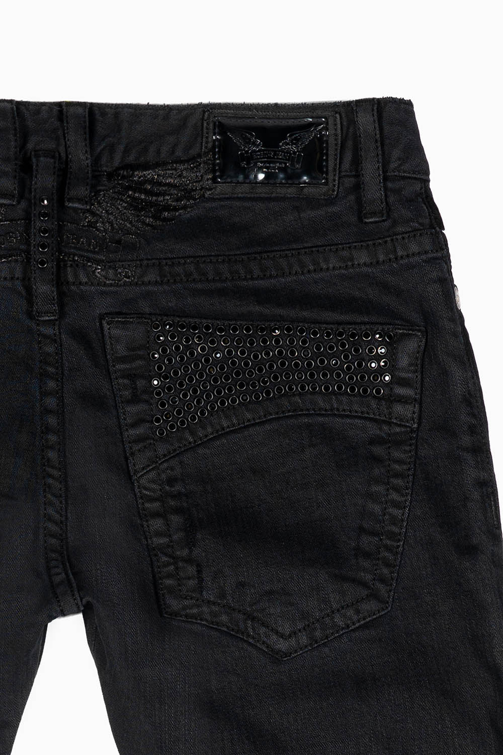 MENS SLIM FIT JEANS IN PURE BLACK EMBELLISHED WITH JET BLK CRYSTALS ON BACK POCKET AND FRONT LEGS