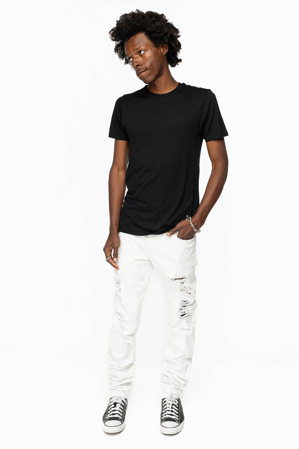 MENS CLASSIC 5 POCKET SLIM LEG JEANS IN WHITE BROKEN
