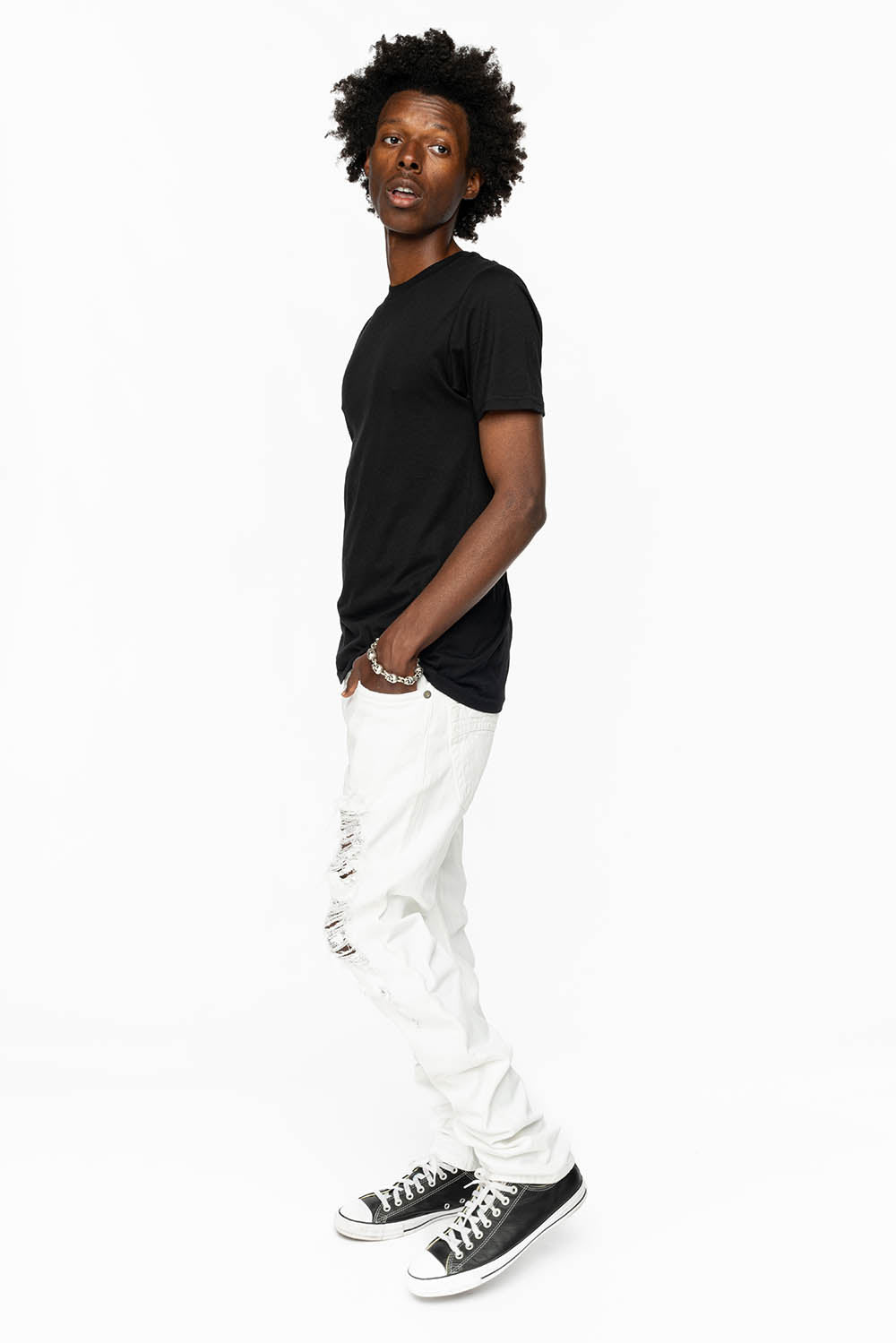 MENS CLASSIC 5 POCKET SLIM LEG JEANS IN WHITE BROKEN
