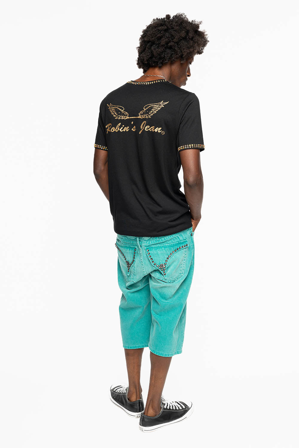 MENS SHORTS WITH KILLER FLAP POCKETS IN SULFUR TEAL WASH WITH XL BLK DIAMOND CRYSTALS