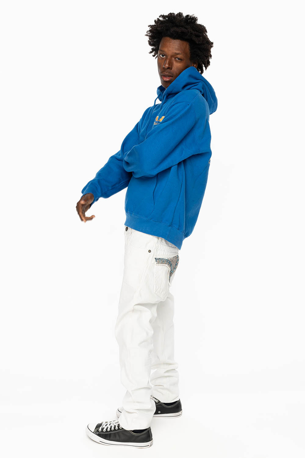 MENS LONG FLAP SLIM JEANS WITH FULL CLEAR & SAPPHIRE CRYSTALS IN PURE WHITE DNM
