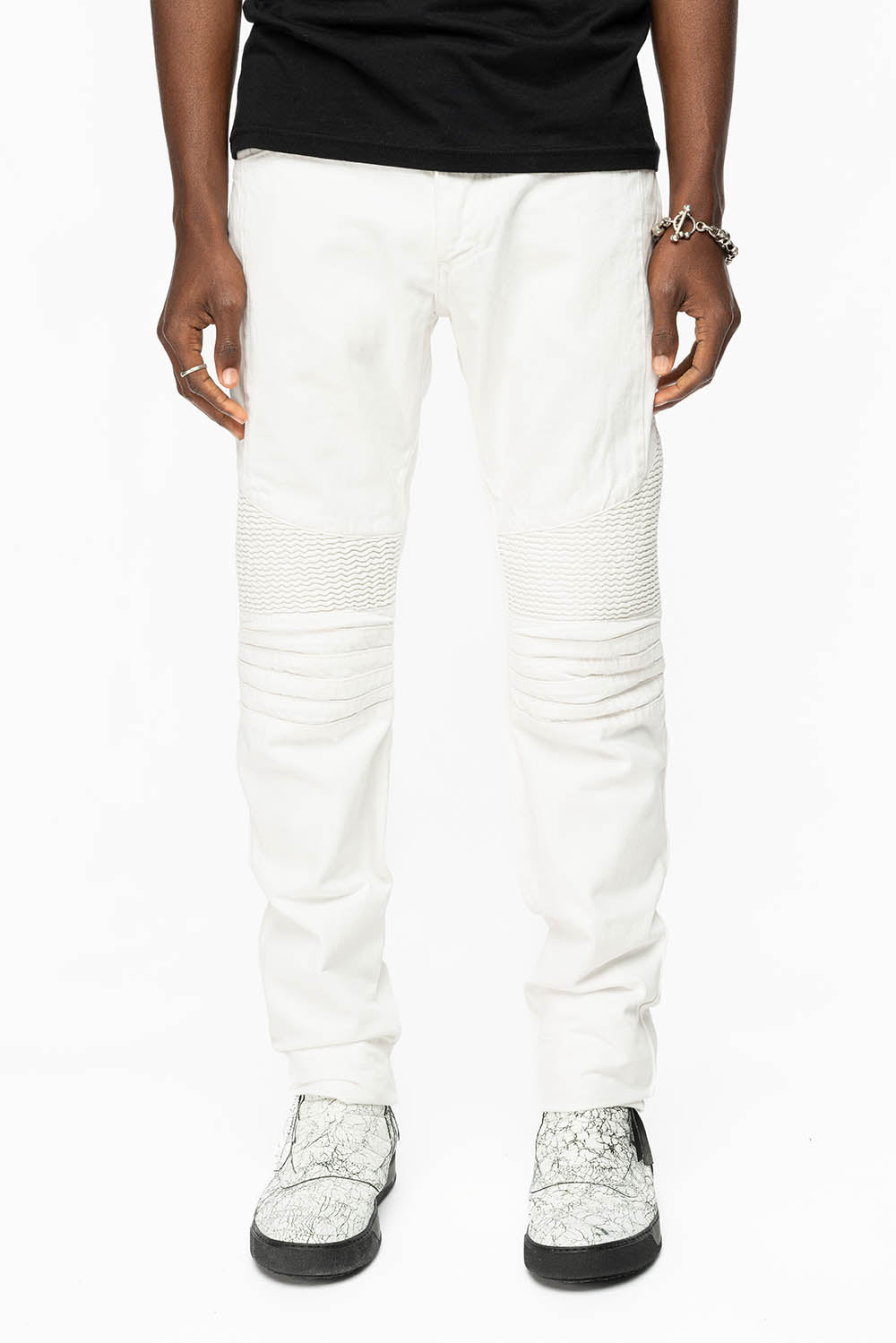 MENS LONG FLAP MOTARD BIKER JEANS IN WHITE WITH STUDS AND CRYSTALS