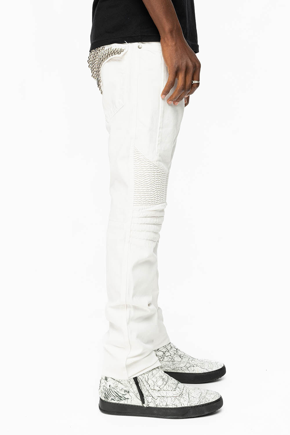 MENS LONG FLAP MOTARD BIKER JEANS IN WHITE WITH STUDS AND CRYSTALS