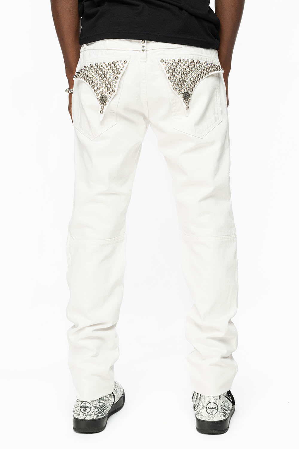 MENS LONG FLAP MOTARD BIKER JEANS IN WHITE WITH STUDS AND CRYSTALS