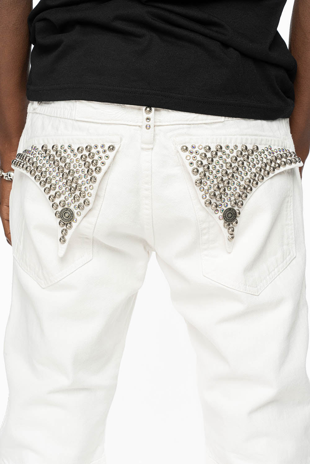 MENS LONG FLAP MOTARD BIKER JEANS IN WHITE WITH STUDS AND CRYSTALS