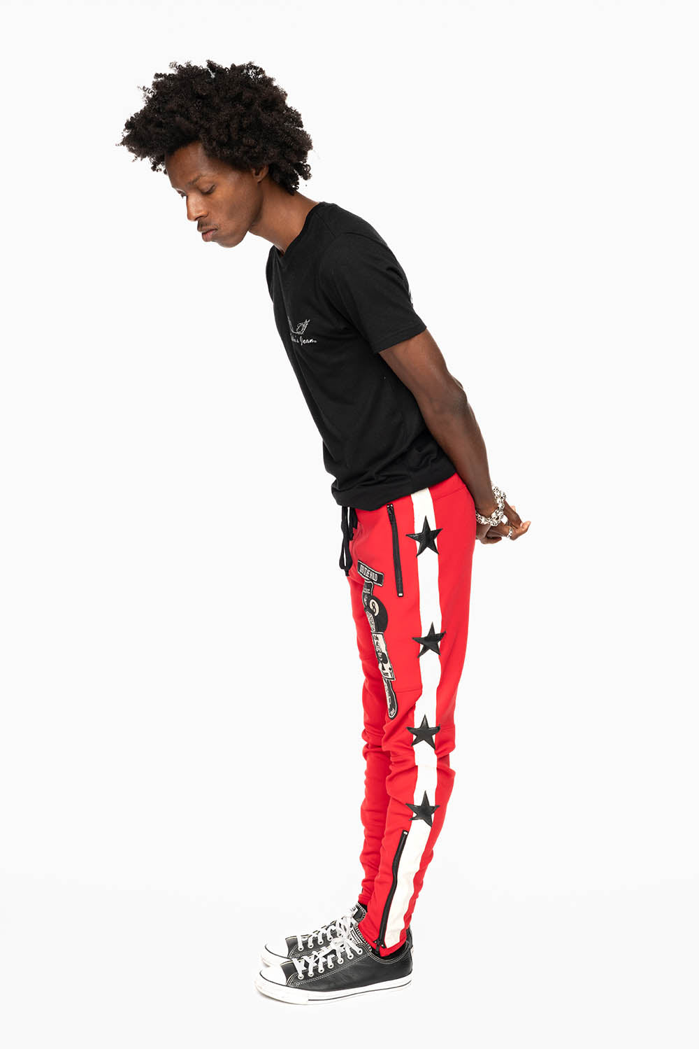 RED JOGGER WITH WHITE STRIPE AND PATCHWORK