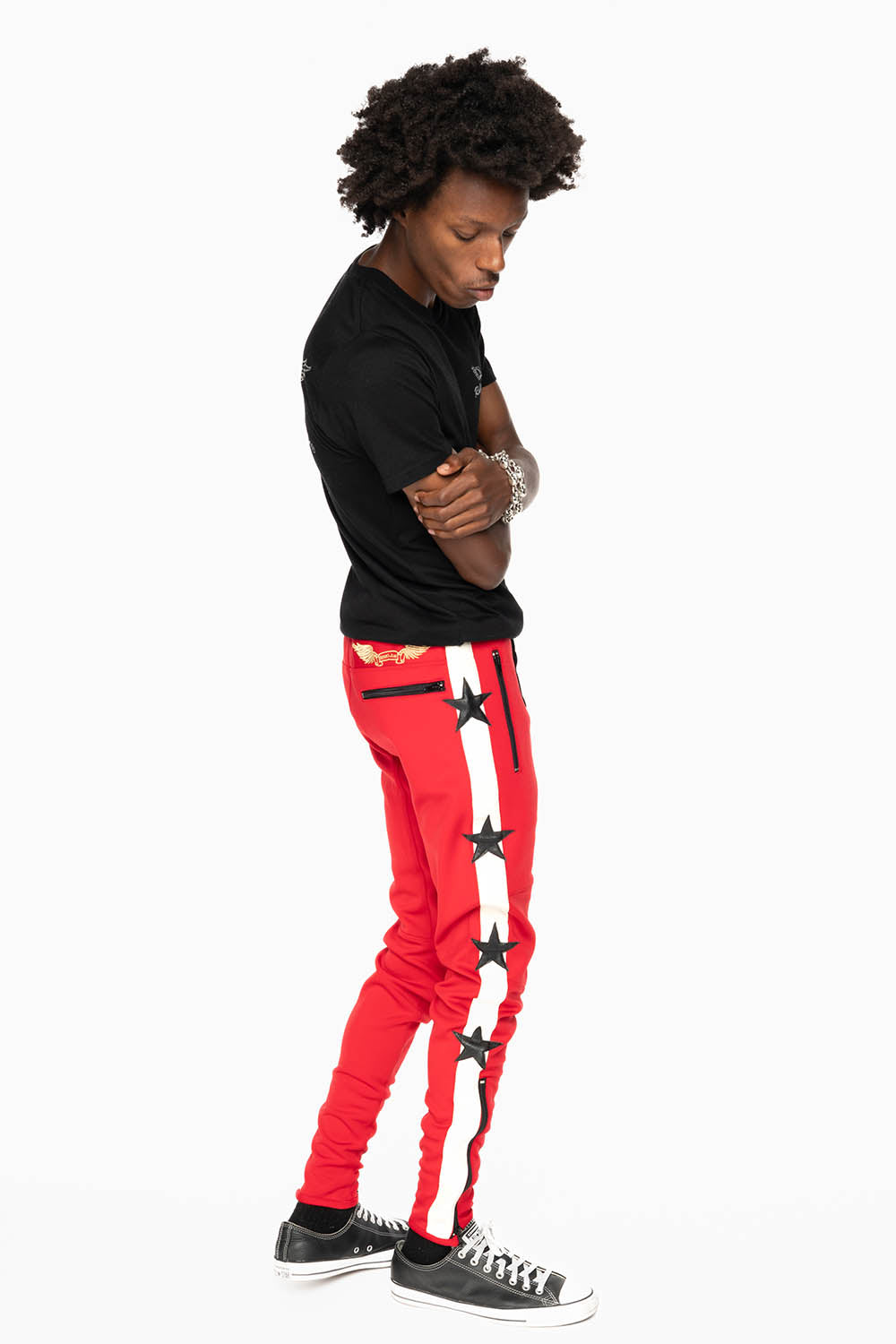 RED JOGGER WITH WHITE STRIPE AND PATCHWORK