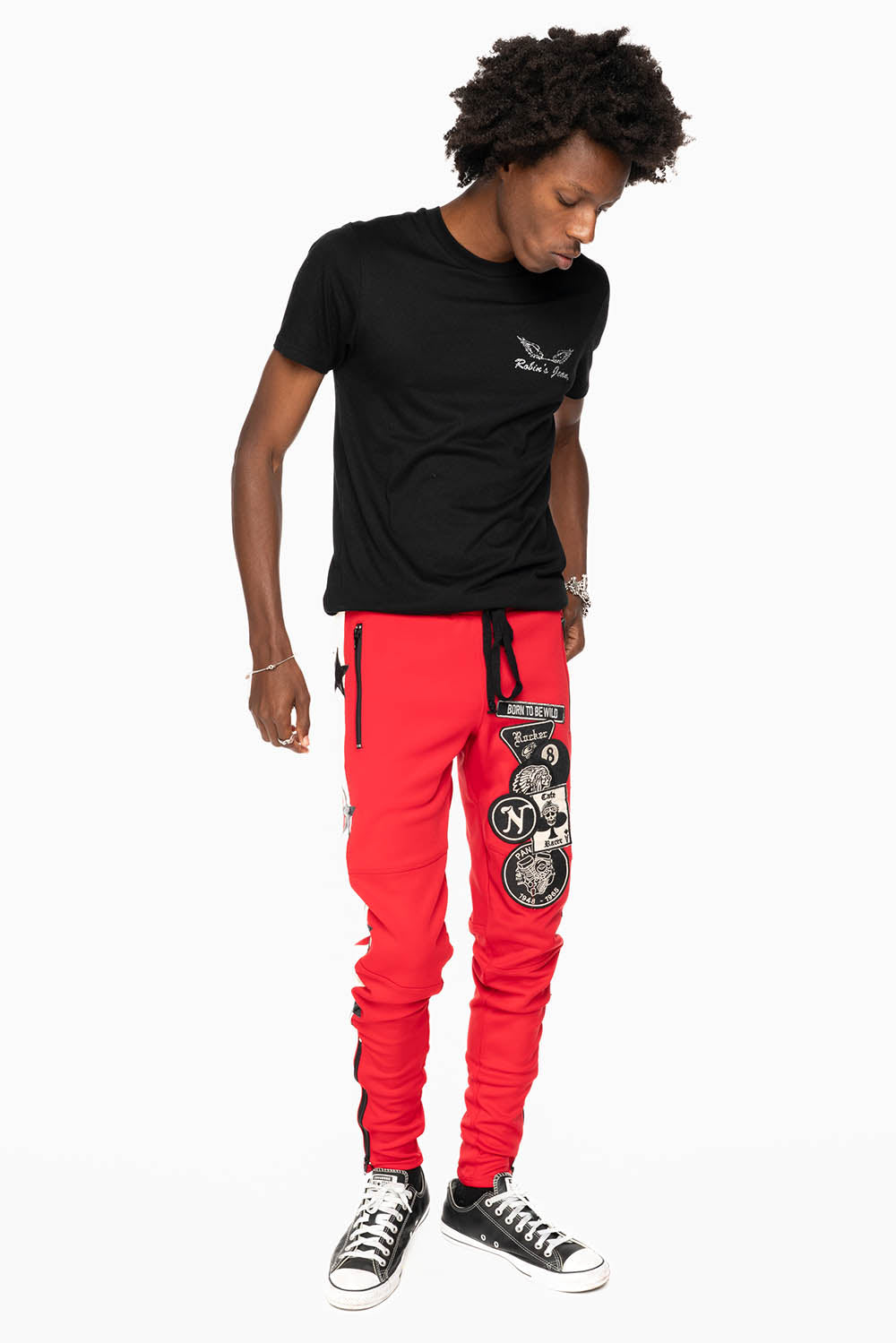 RED JOGGER WITH WHITE STRIPE AND PATCHWORK