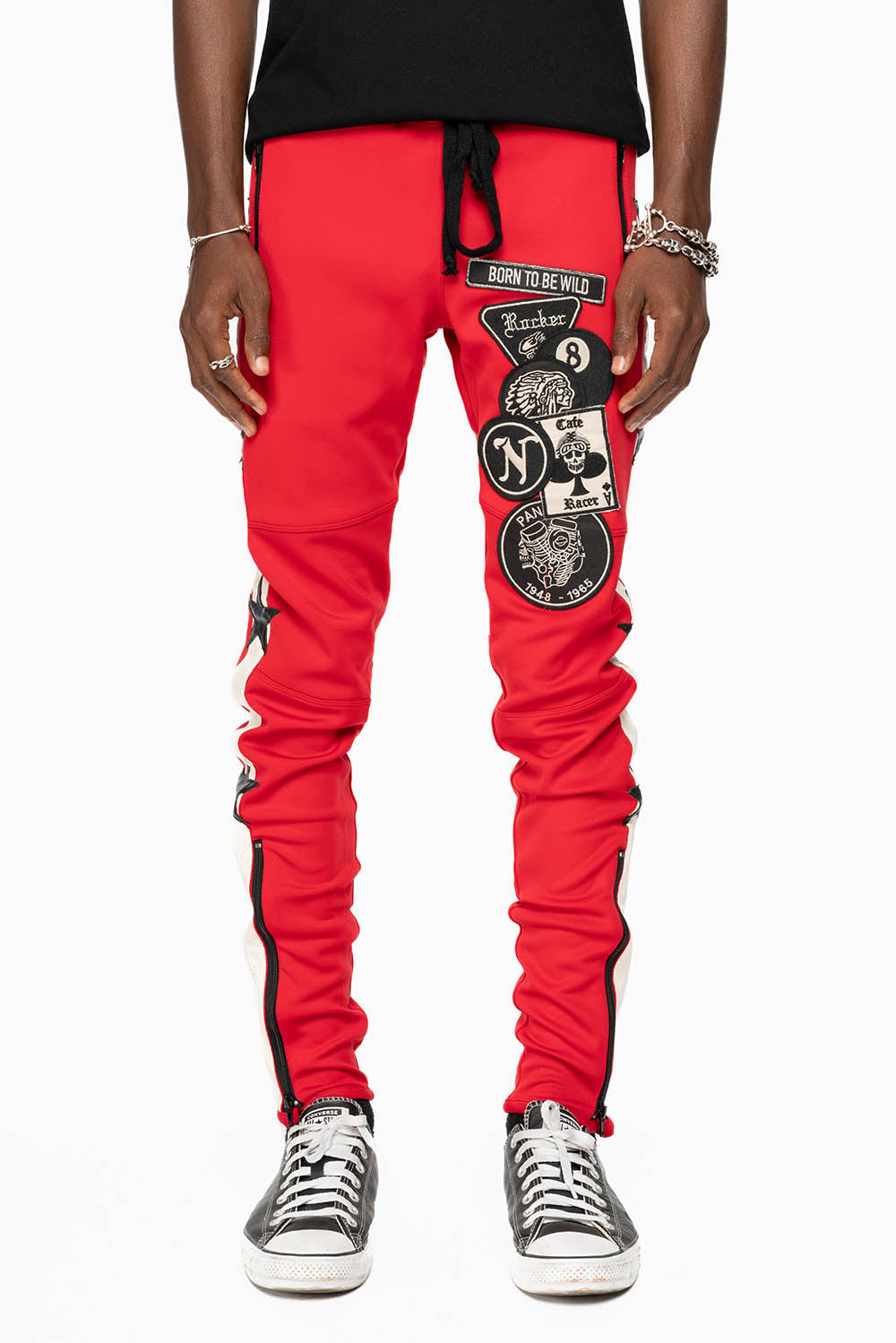 RED JOGGER WITH WHITE STRIPE AND PATCHWORK