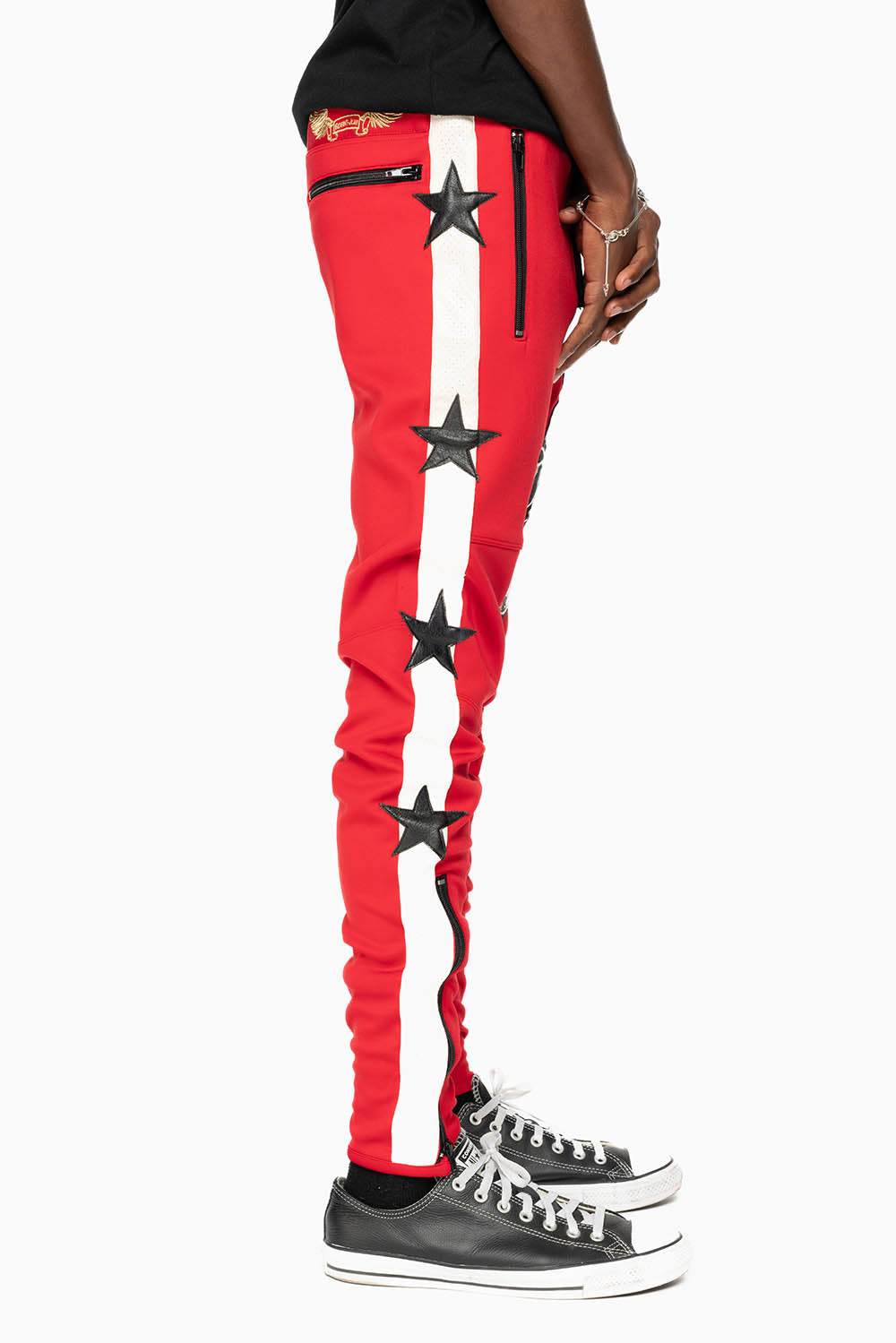 RED JOGGER WITH WHITE STRIPE AND PATCHWORK