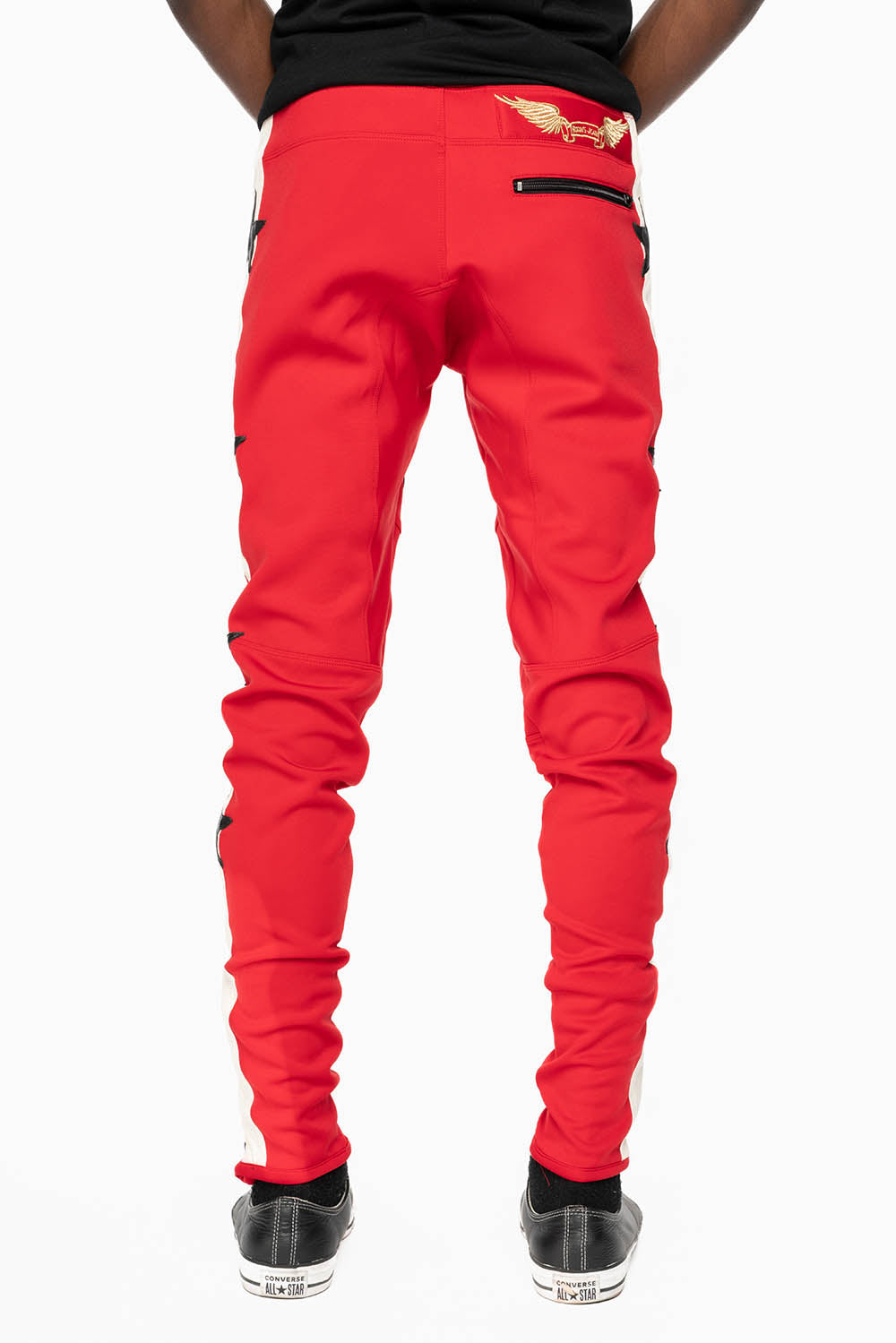RED JOGGER WITH WHITE STRIPE AND PATCHWORK