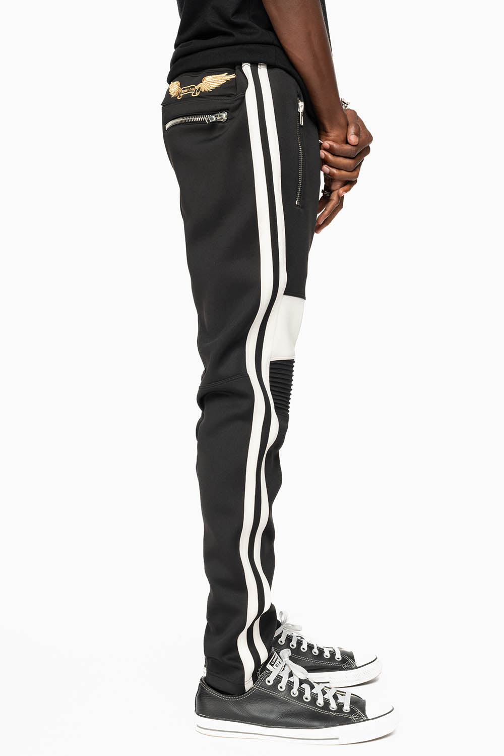 BIKER STYLE JOGGER IN BLACK WITH WHITE STRIPES