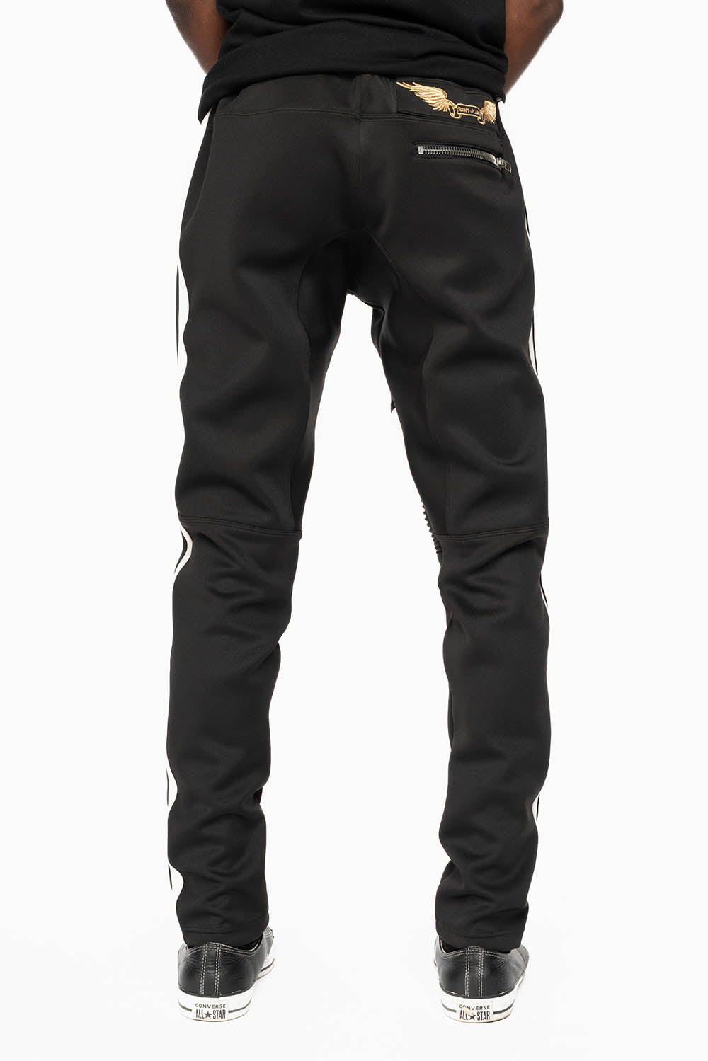 BIKER STYLE JOGGER IN BLACK WITH WHITE STRIPES